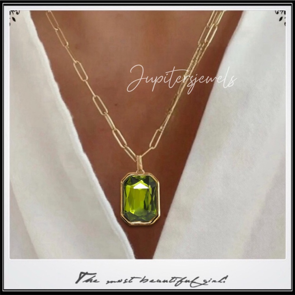 New 14k Gold Peridot Green Crystal Emerald Cut Minimalist Paperclip Necklace